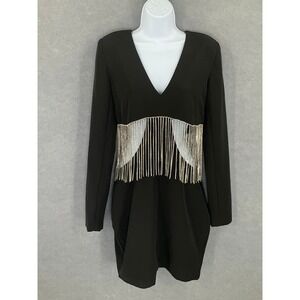 Forever 21 Black Rhinestone Fringe‎ Party Dress Womens M V-Neck New Year's READ